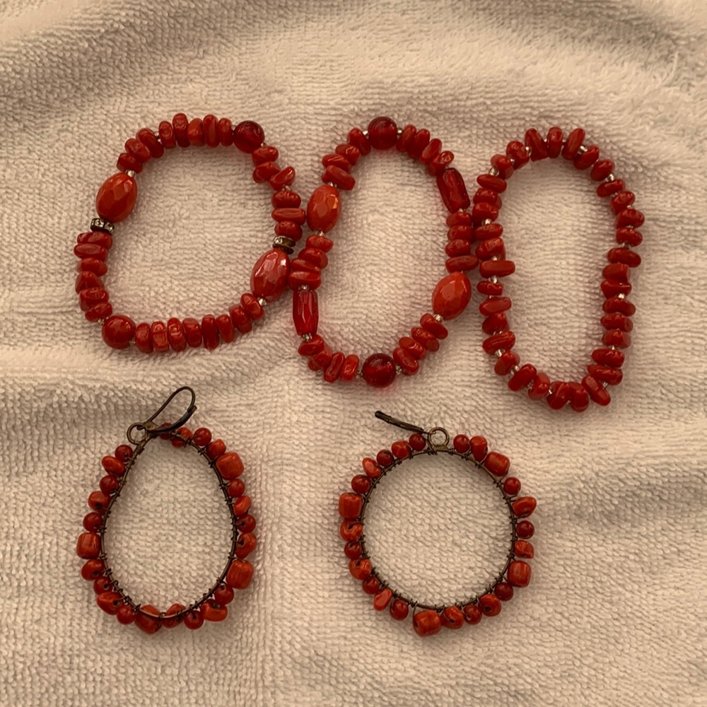 Charming Charlie set of earrings and three stretch bracelets